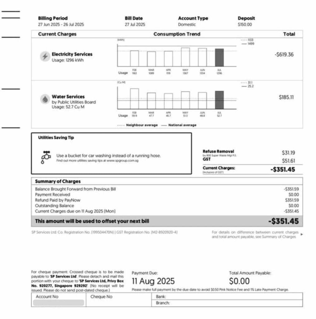 SP electricity bill in Singapore showing negative charges after commercial solar panel installation