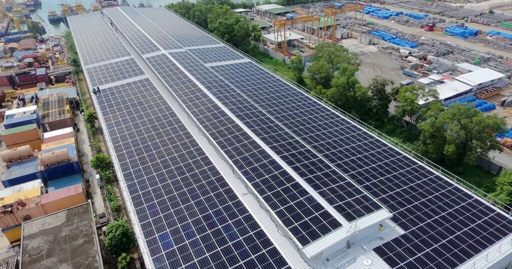 923 kWp commercial solar panel installation on industrial rooftop in Tuas, Singapore